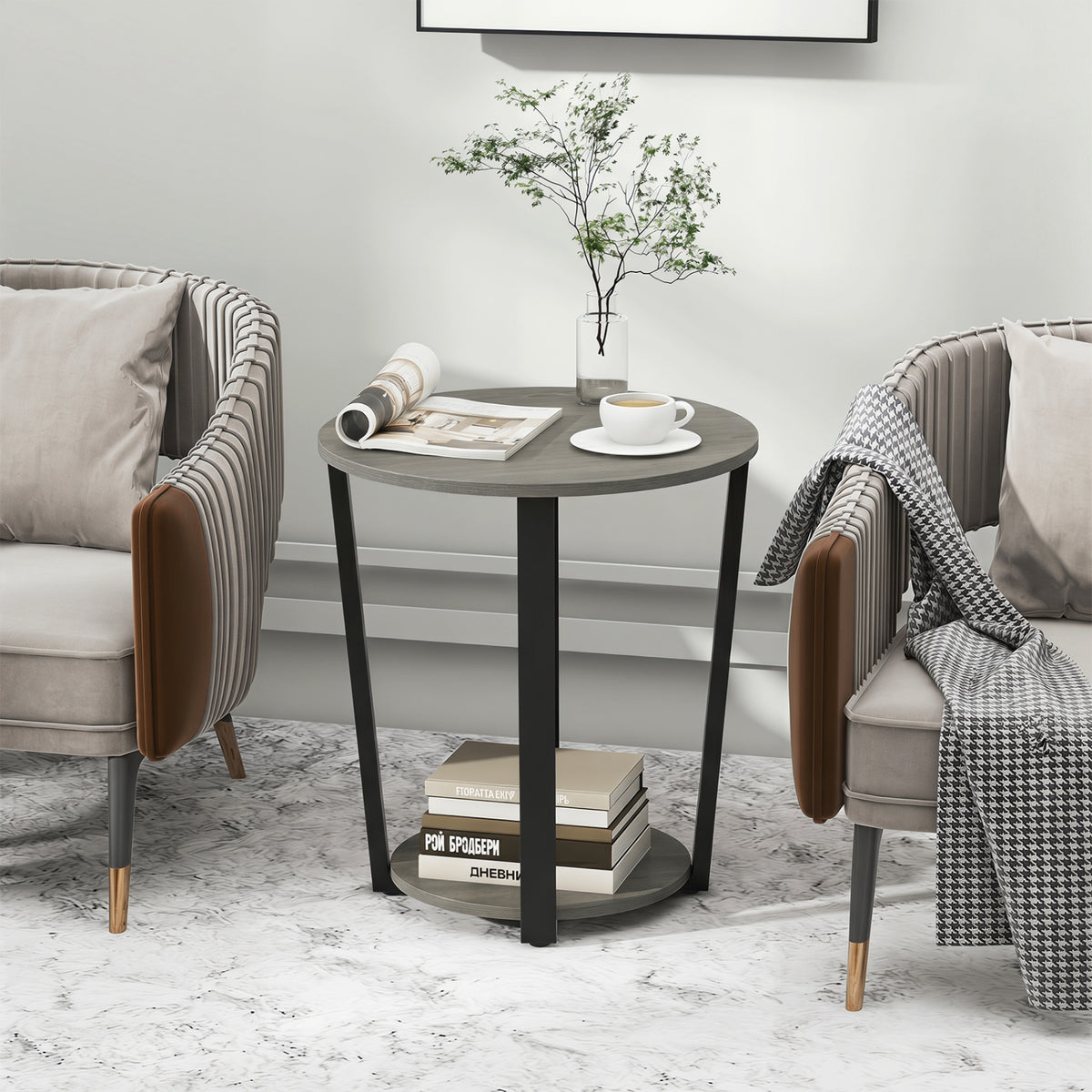 2-Tier Round End Table with Storage Shelf and Metal Frame-Oak view 2