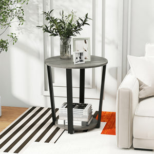2-Tier Round End Table with Storage Shelf and Metal Frame-Oak view 3