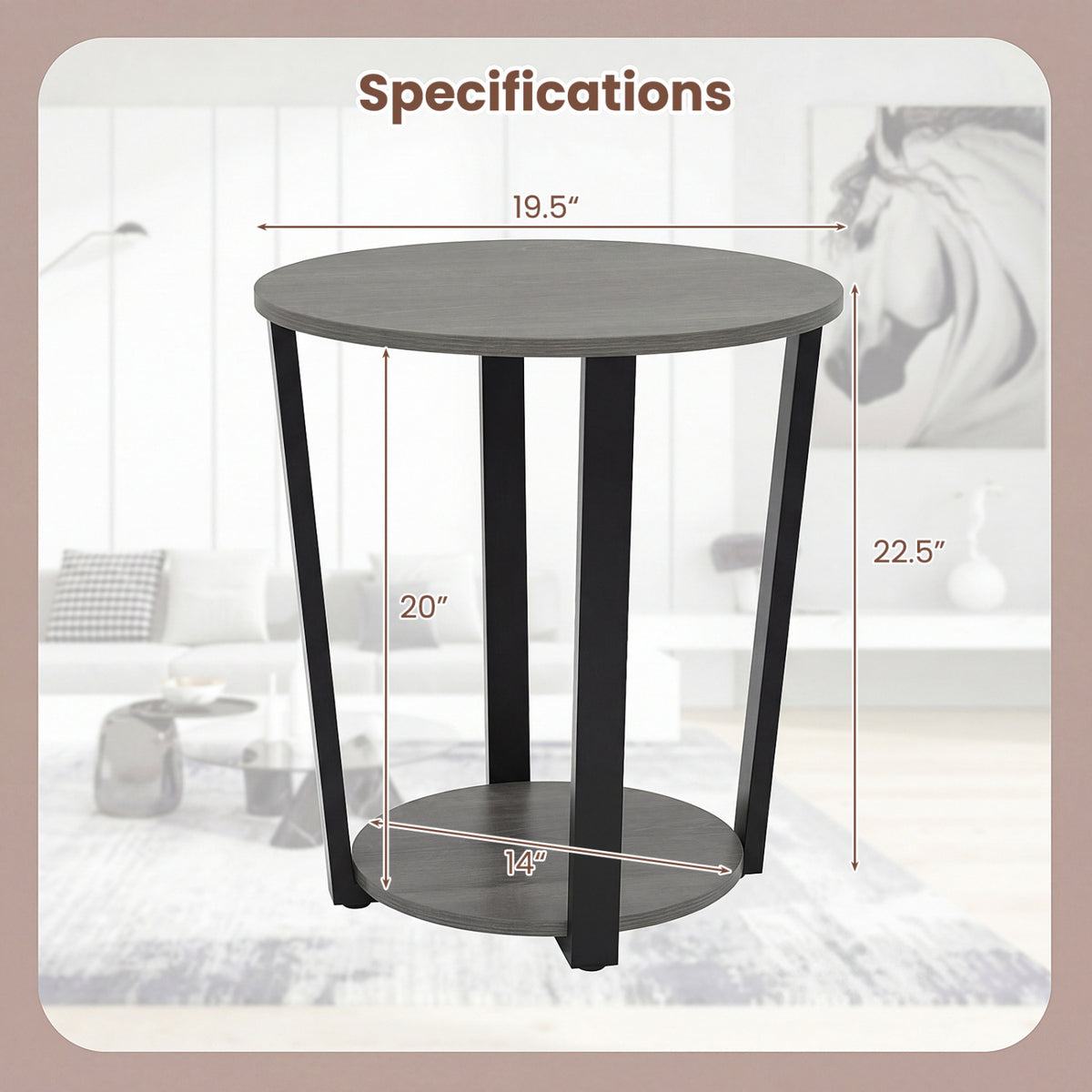 2-Tier Round End Table with Storage Shelf and Metal Frame-Oak view 4