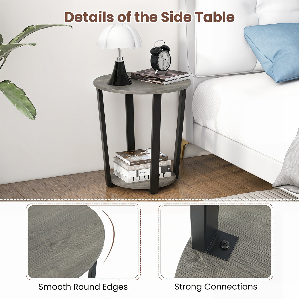 2-Tier Round End Table with Storage Shelf and Metal Frame-Oak view 5