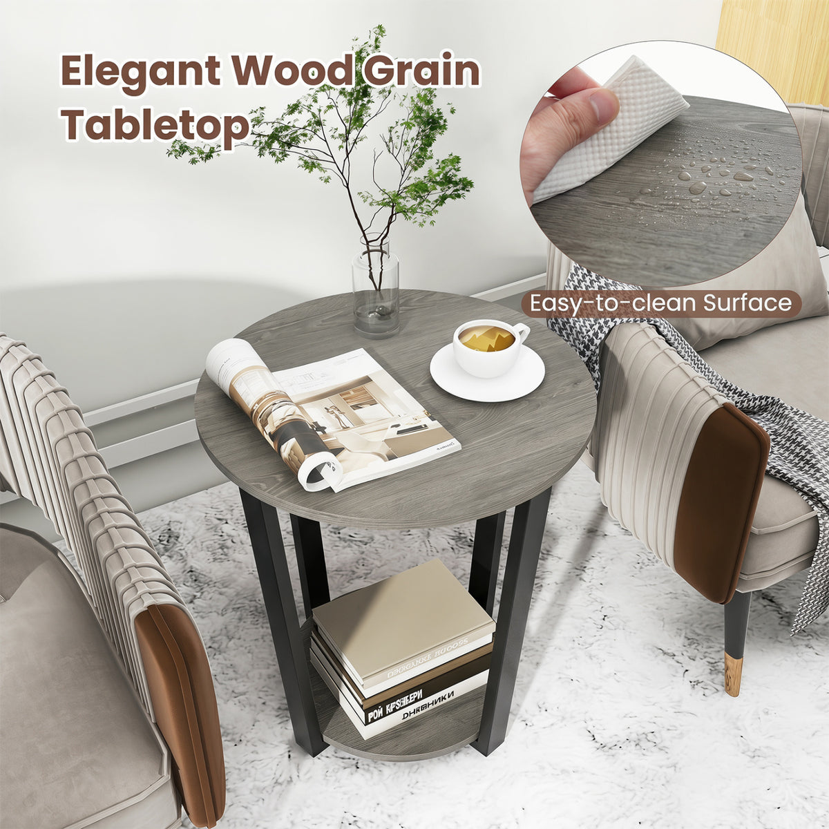 2-Tier Round End Table with Storage Shelf and Metal Frame-Oak view 6