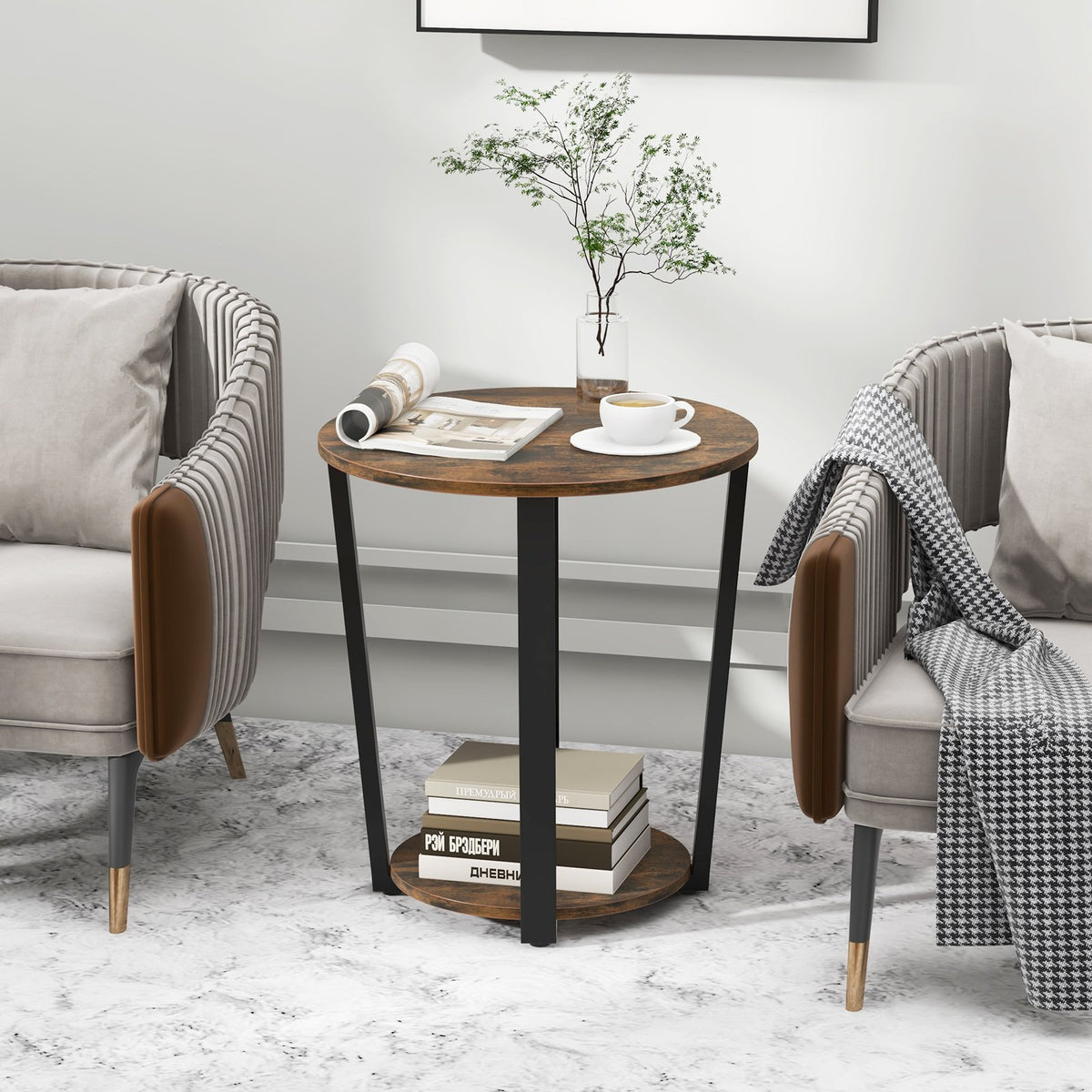 2-Tier Round End Table with Storage Shelf and Metal Frame-Brown view 2