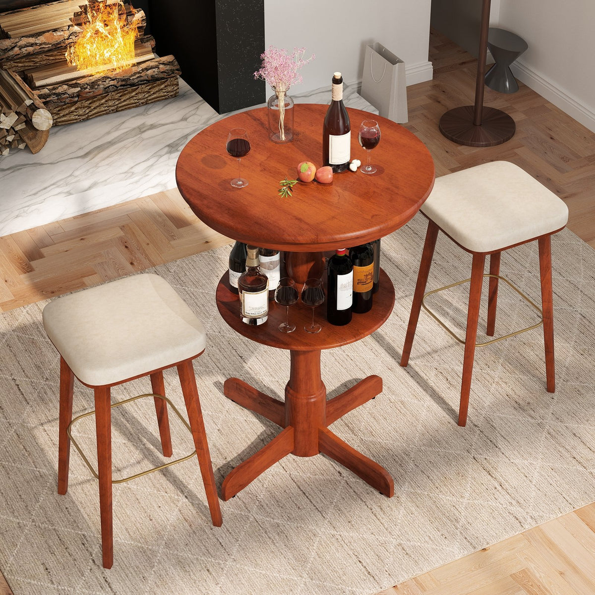 2-Tier Round High Top Bar Table with Storage Shelf and Pedestal Base-Espresso view 6