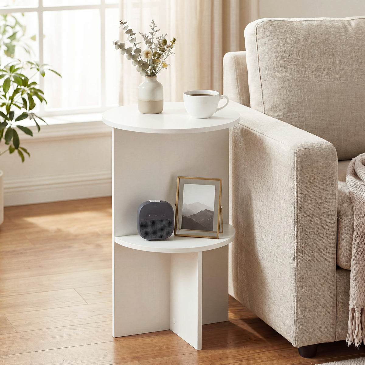 2-Tier Round Side Table with Storage Shelf for Small Space-White view 2