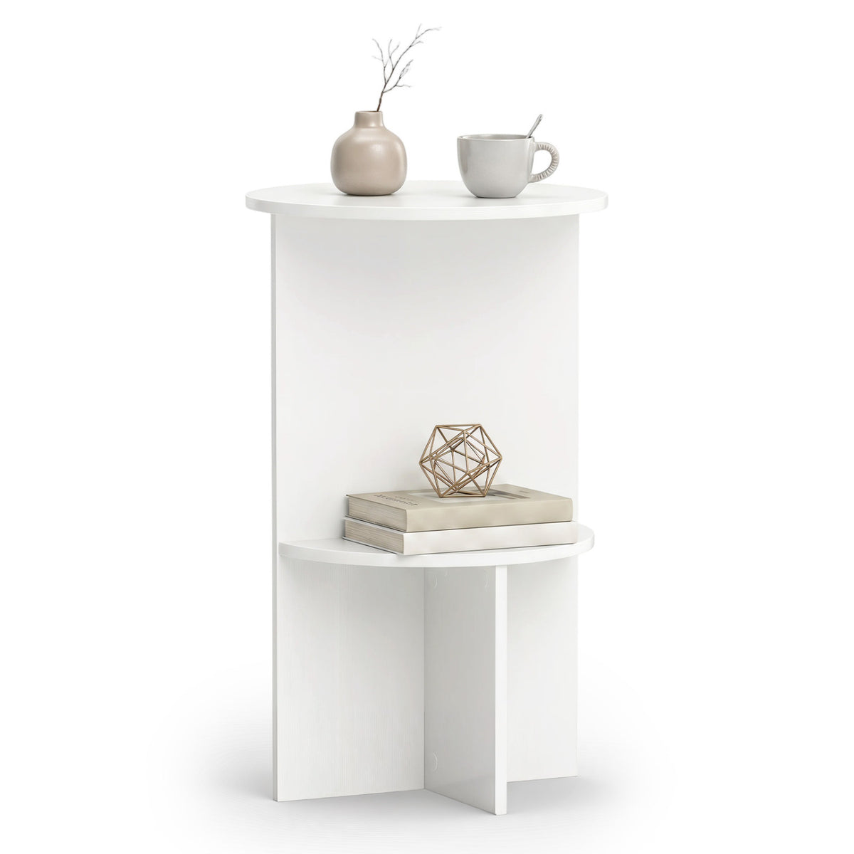 2-Tier Round Side Table with Storage Shelf for Small Space-White view 4