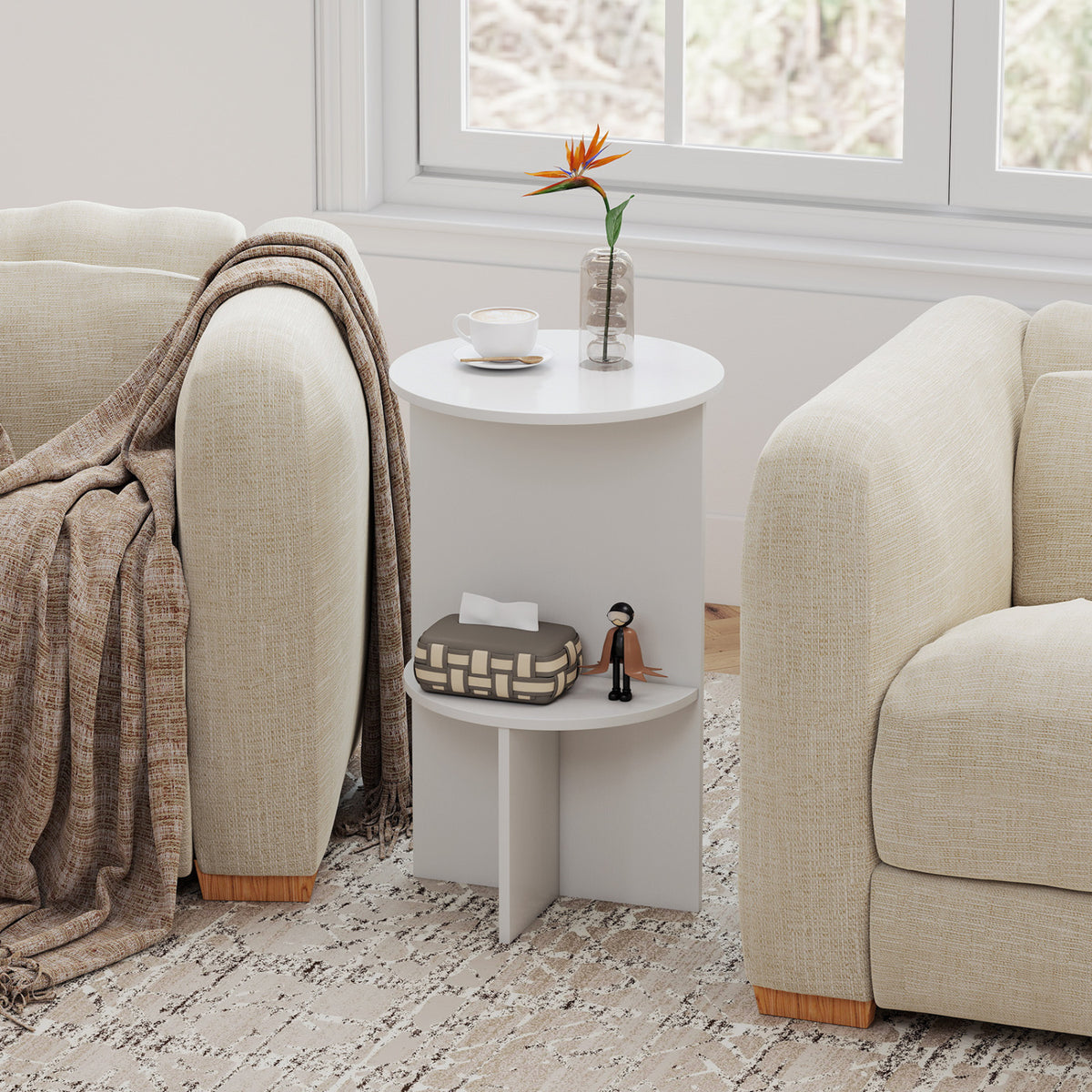 2-Tier Round Side Table with Storage Shelf for Small Space-White view 6