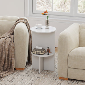 2-Tier Round Side Table with Storage Shelf for Small Space-White view 6