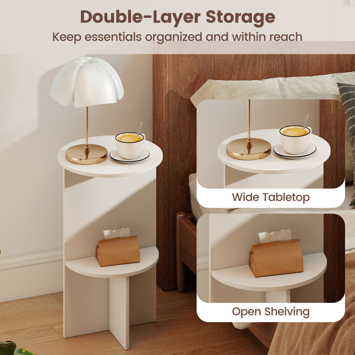 2-Tier Round Side Table with Storage Shelf for Small Space-White view 7