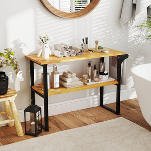 2-Tier Solid Teak Wood Bathroom Shelf with Towel Rack view 2