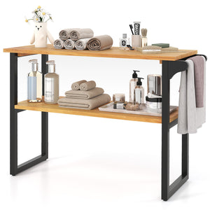 2-Tier Solid Teak Wood Bathroom Shelf with Towel Rack view 4