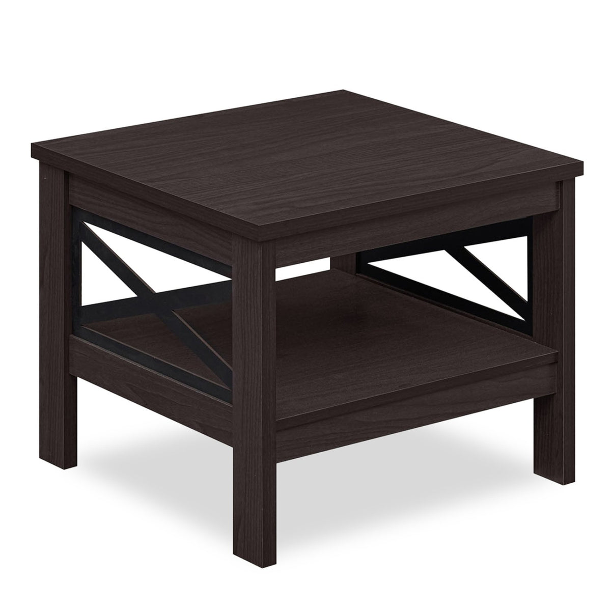 2-Tier Square Side Table with Storage Shelf and X-Frame for Bedroom Living Room-Brown
