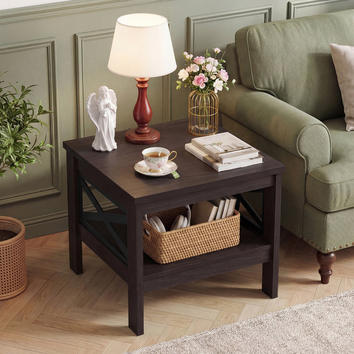 2-Tier Square Side Table with Storage Shelf and X-Frame for Bedroom Living Room-Brown view 2
