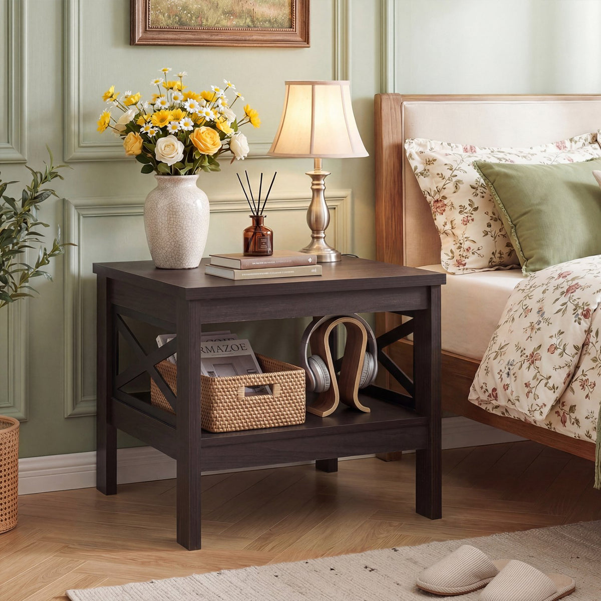 2-Tier Square Side Table with Storage Shelf and X-Frame for Bedroom Living Room-Brown view 3