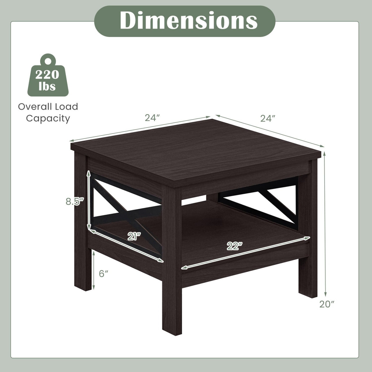 2-Tier Square Side Table with Storage Shelf and X-Frame for Bedroom Living Room-Brown view 5