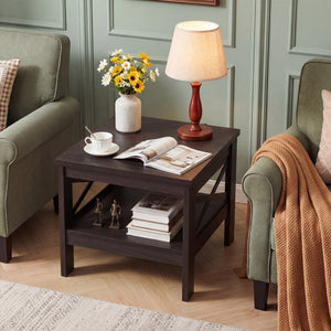 2-Tier Square Side Table with Storage Shelf and X-Frame for Bedroom Living Room-Brown view 6