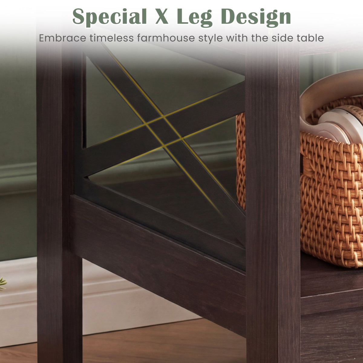 2-Tier Square Side Table with Storage Shelf and X-Frame for Bedroom Living Room-Brown view 8