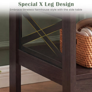 2-Tier Square Side Table with Storage Shelf and X-Frame for Bedroom Living Room-Brown view 8