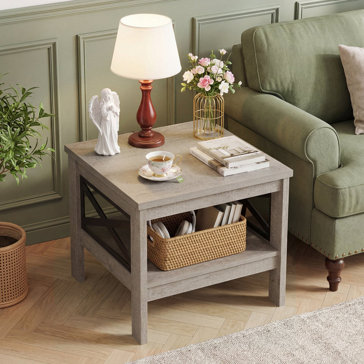 2-Tier Square Side Table with Storage Shelf and X-Frame for Bedroom Living Room-Oak view 2