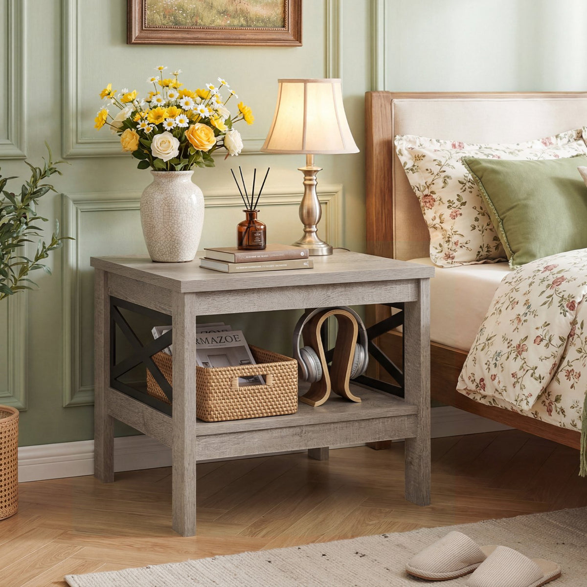 2-Tier Square Side Table with Storage Shelf and X-Frame for Bedroom Living Room-Oak view 3