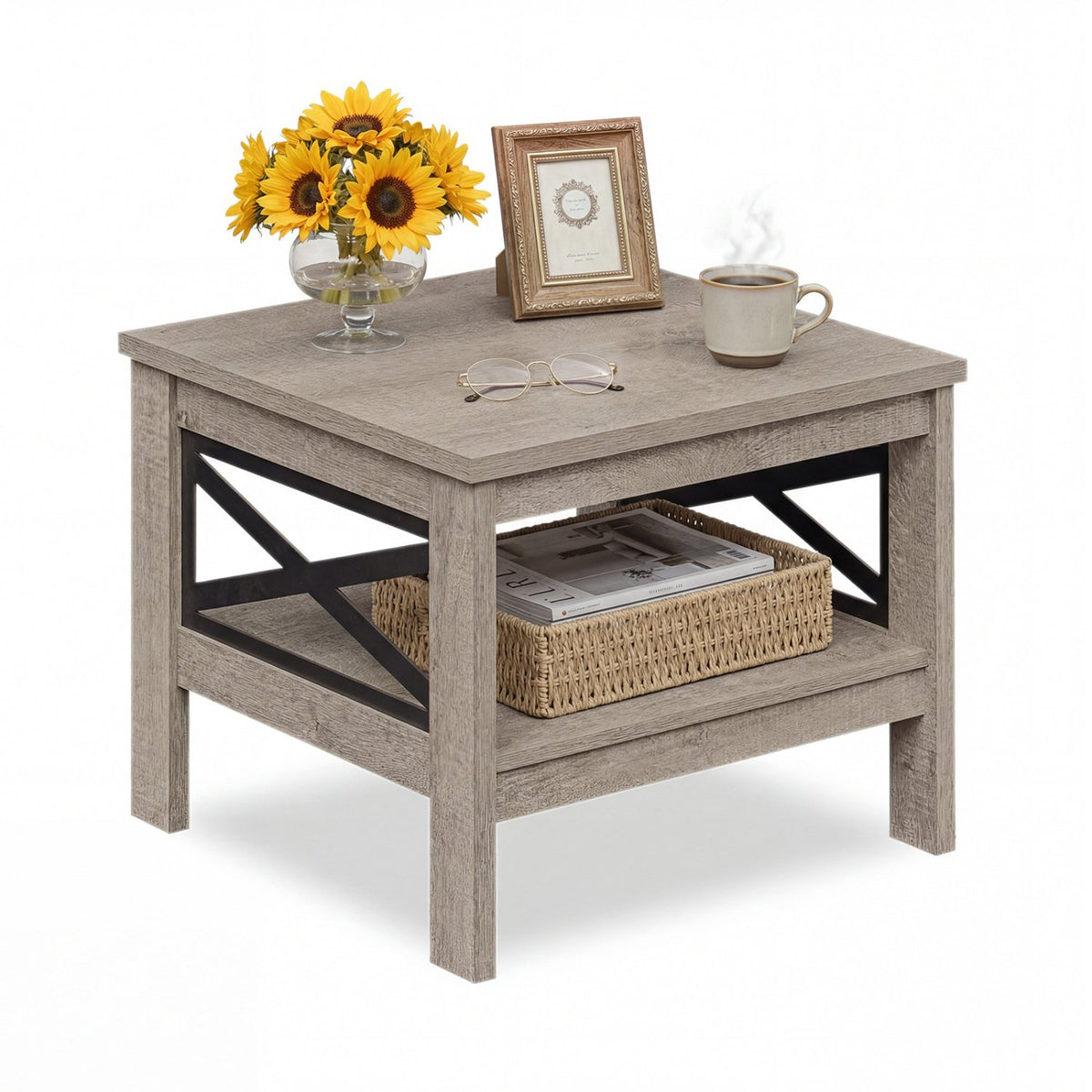 2-Tier Square Side Table with Storage Shelf and X-Frame for Bedroom Living Room-Oak view 4