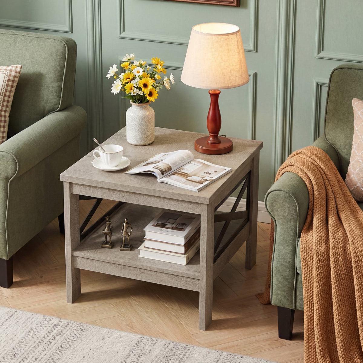 2-Tier Square Side Table with Storage Shelf and X-Frame for Bedroom Living Room-Oak view 6