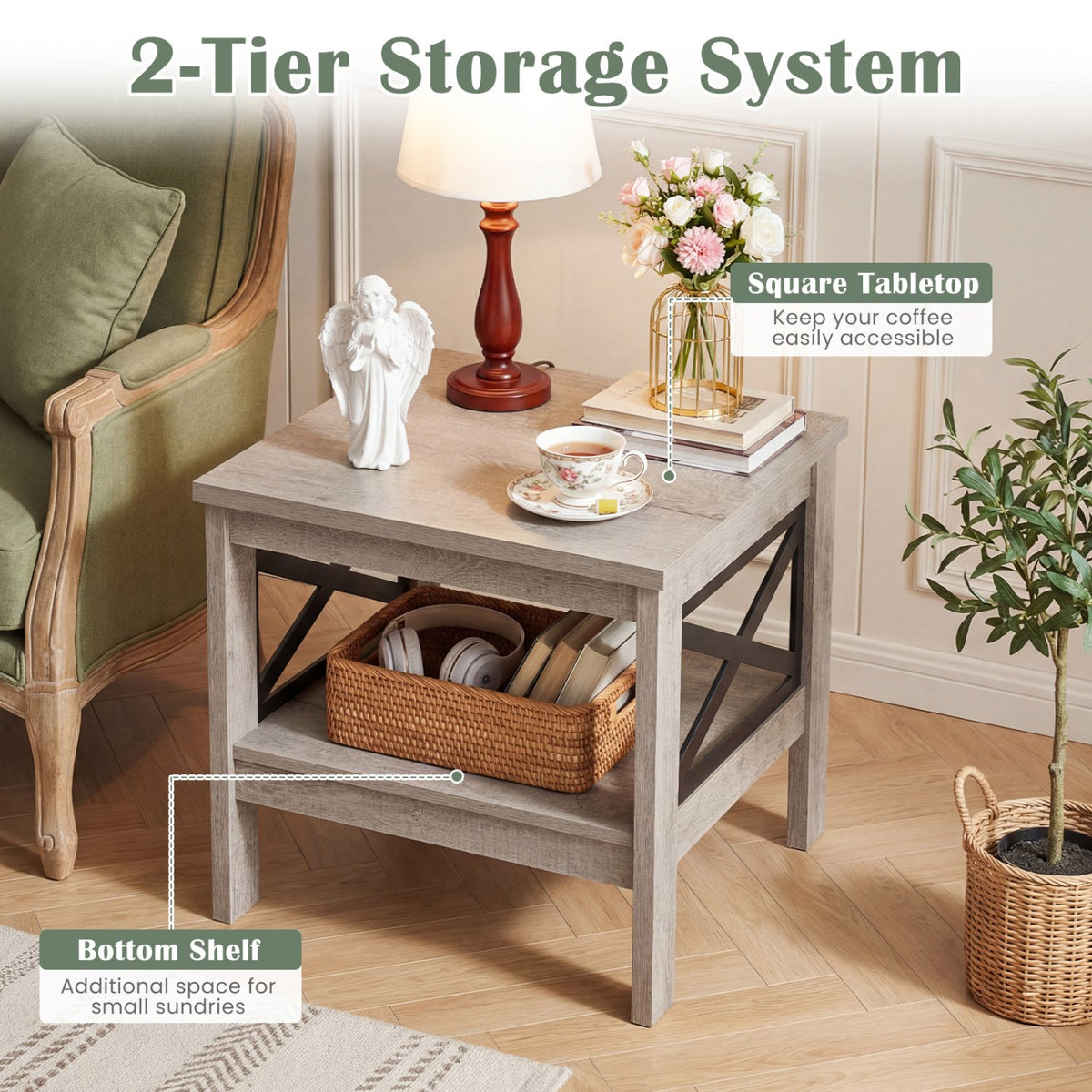 2-Tier Square Side Table with Storage Shelf and X-Frame for Bedroom Living Room-Oak view 7