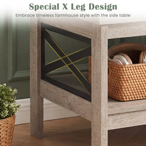 2-Tier Square Side Table with Storage Shelf and X-Frame for Bedroom Living Room-Oak view 8