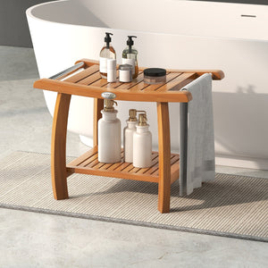 2-Tier Teak Wood Shower Bench Shower Stool with Curved Seat and Handles view 2
