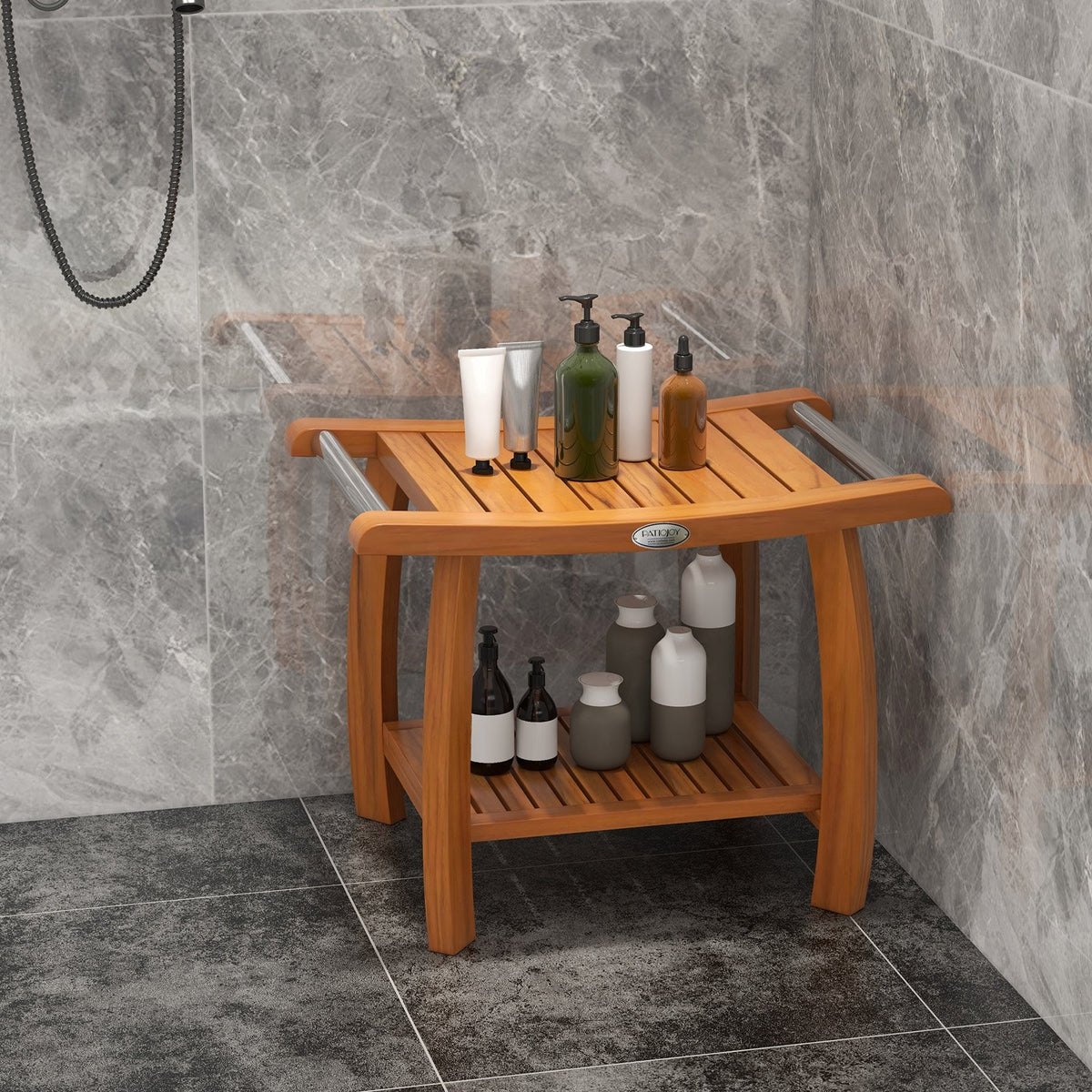 2-Tier Teak Wood Shower Bench Shower Stool with Curved Seat and Handles view 3