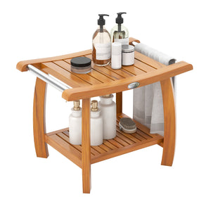2-Tier Teak Wood Shower Bench Shower Stool with Curved Seat and Handles view 4