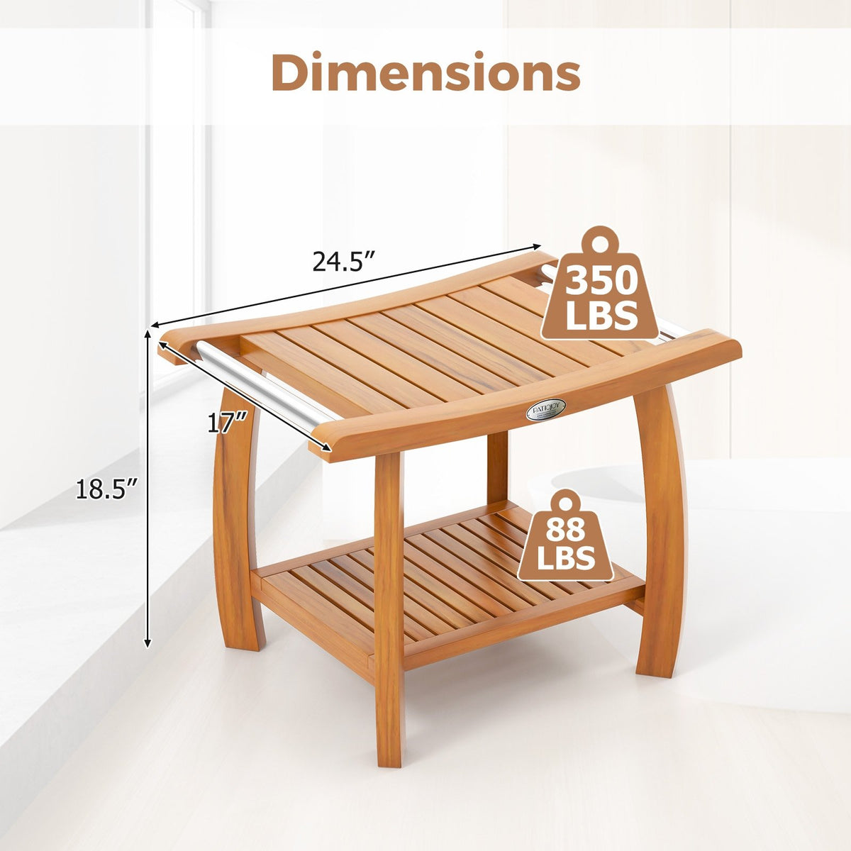 2-Tier Teak Wood Shower Bench Shower Stool with Curved Seat and Handles view 5
