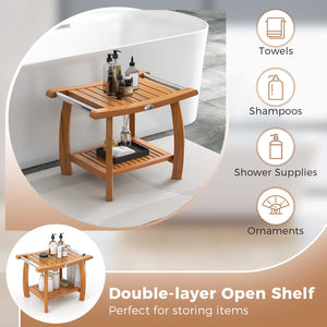 2-Tier Teak Wood Shower Bench Shower Stool with Curved Seat and Handles view 8