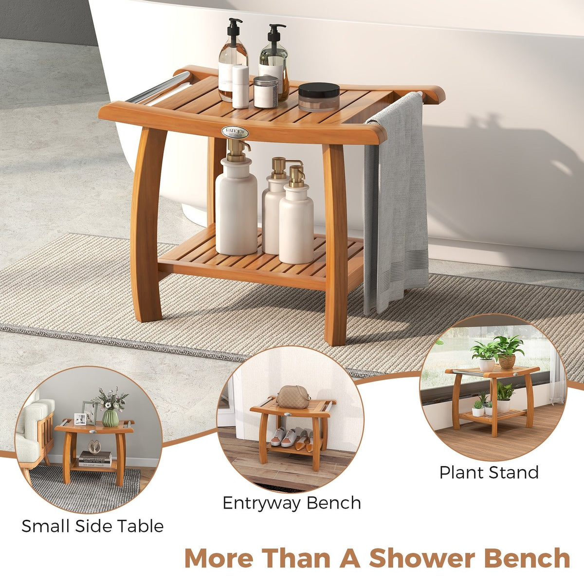 2-Tier Teak Wood Shower Bench Shower Stool with Curved Seat and Handles view 9