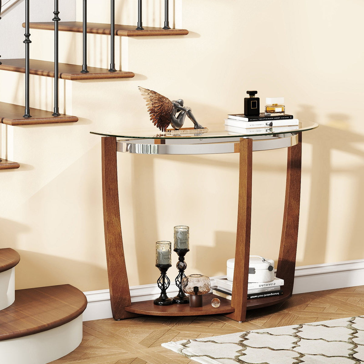 2-tier Tempered Glass Console Table with Clear Glass Top and Open Shelf-Walnut view 2