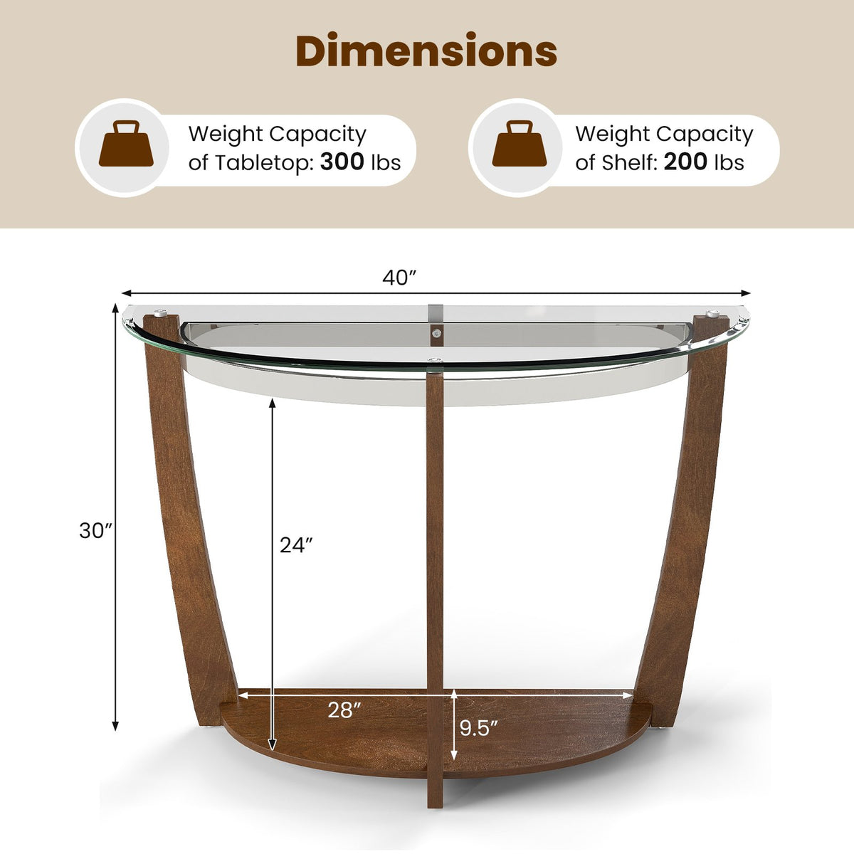 2-tier Tempered Glass Console Table with Clear Glass Top and Open Shelf-Walnut view 5