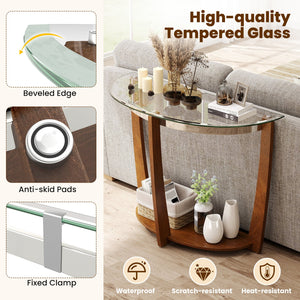 2-tier Tempered Glass Console Table with Clear Glass Top and Open Shelf-Walnut view 6