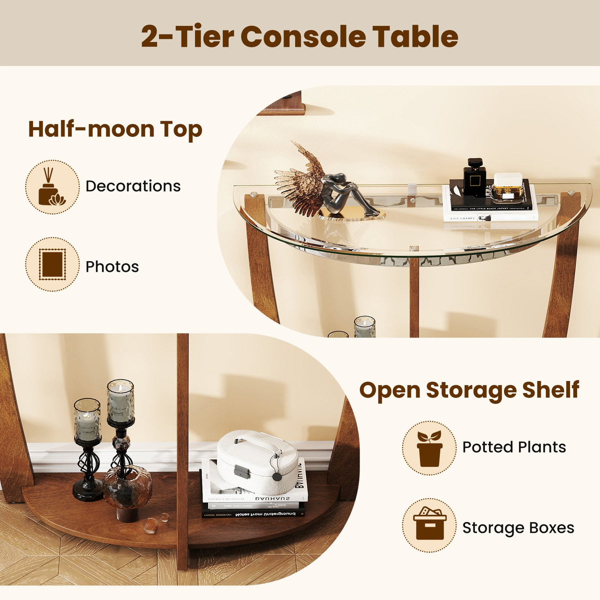 2-tier Tempered Glass Console Table with Clear Glass Top and Open Shelf-Walnut view 7
