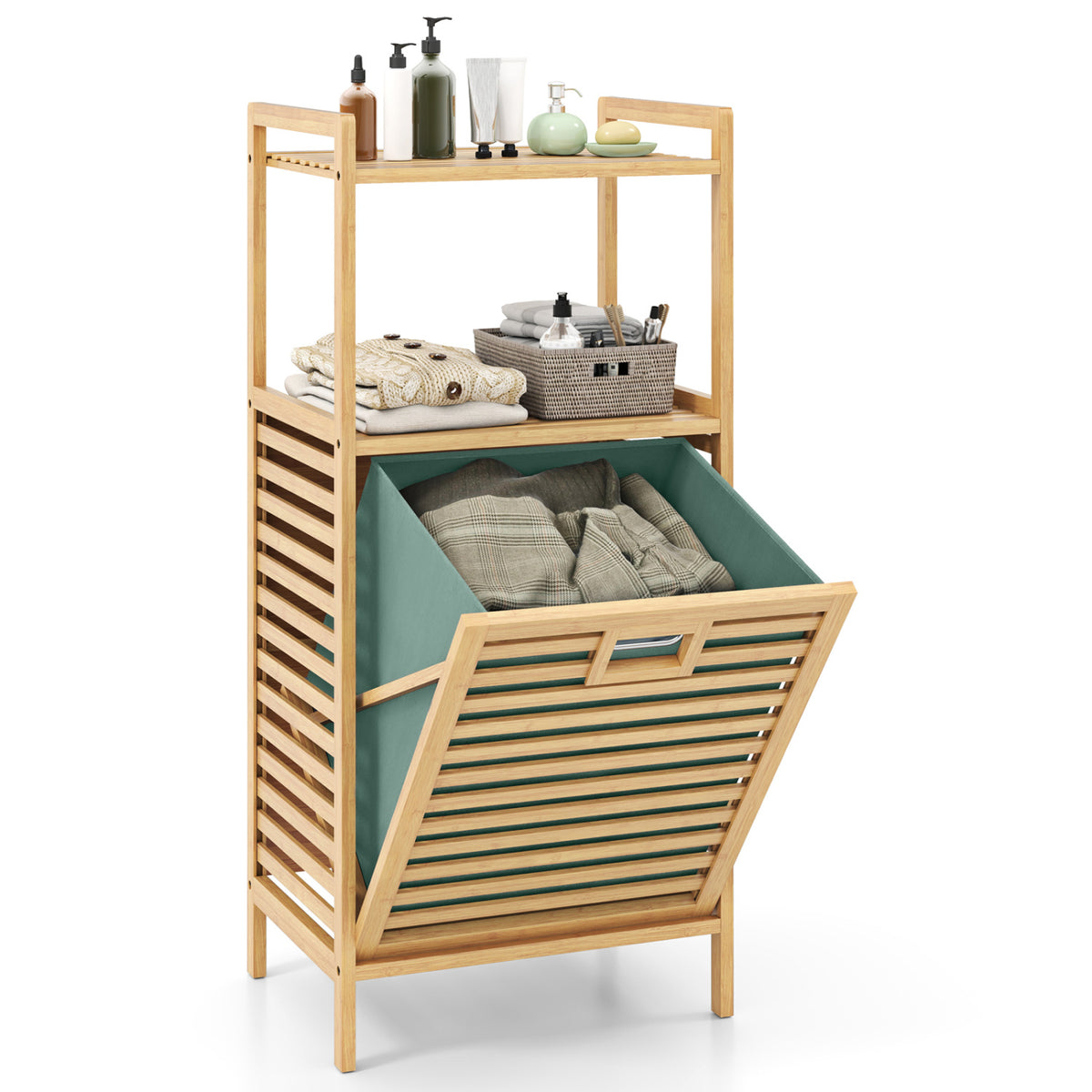 2-Tier Tilt out Laundry Hamper with Foldable and Removable Basket-Green view 4