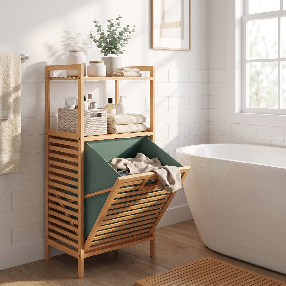 2-Tier Tilt out Laundry Hamper with Foldable and Removable Basket-Green view 6