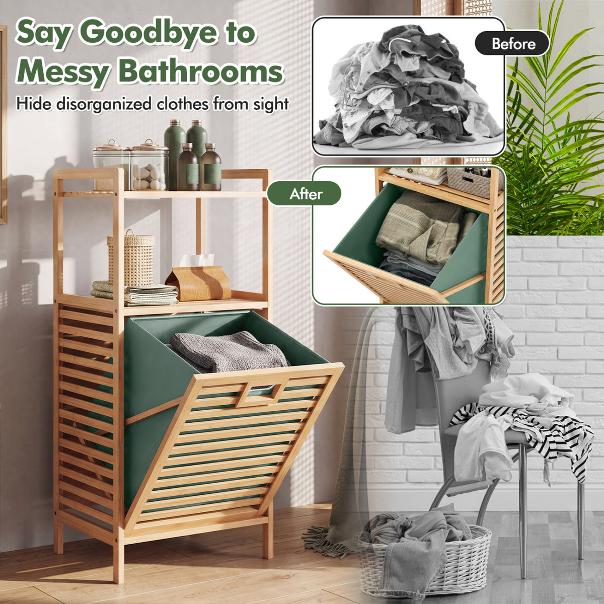 2-Tier Tilt out Laundry Hamper with Foldable and Removable Basket-Green view 8