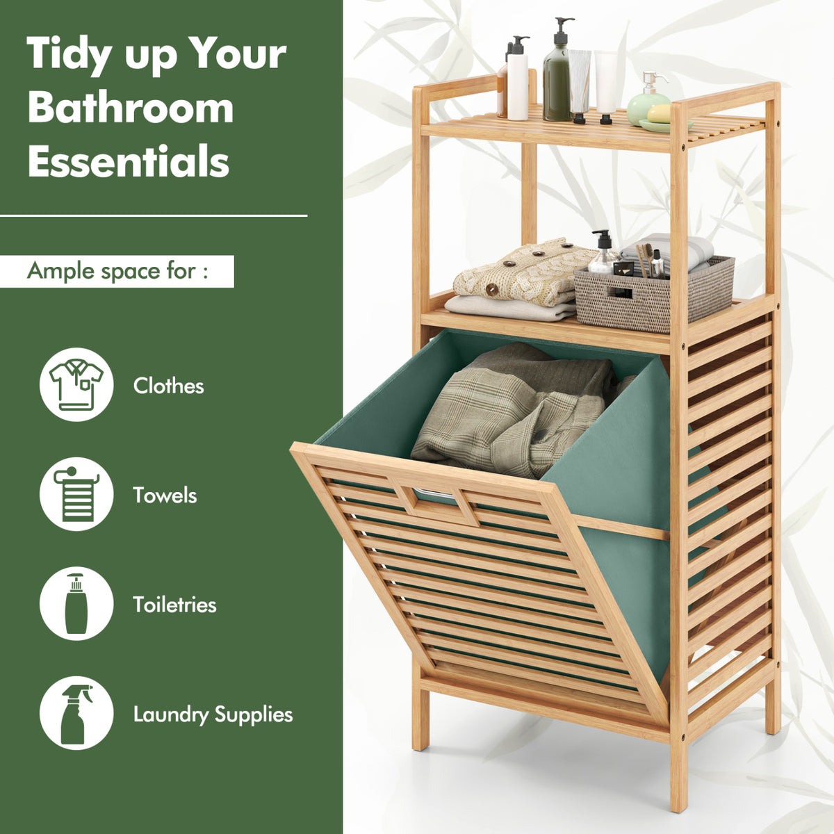 2-Tier Tilt out Laundry Hamper with Foldable and Removable Basket-Green view 9