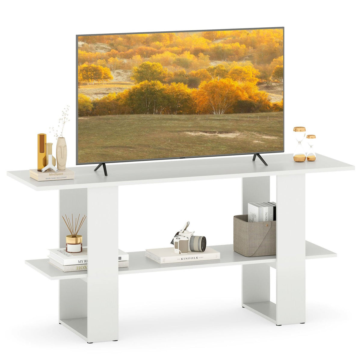 2-Tier TV Stand with Storage for TVs up to 55 Inch Console Table with Open Shelf-White