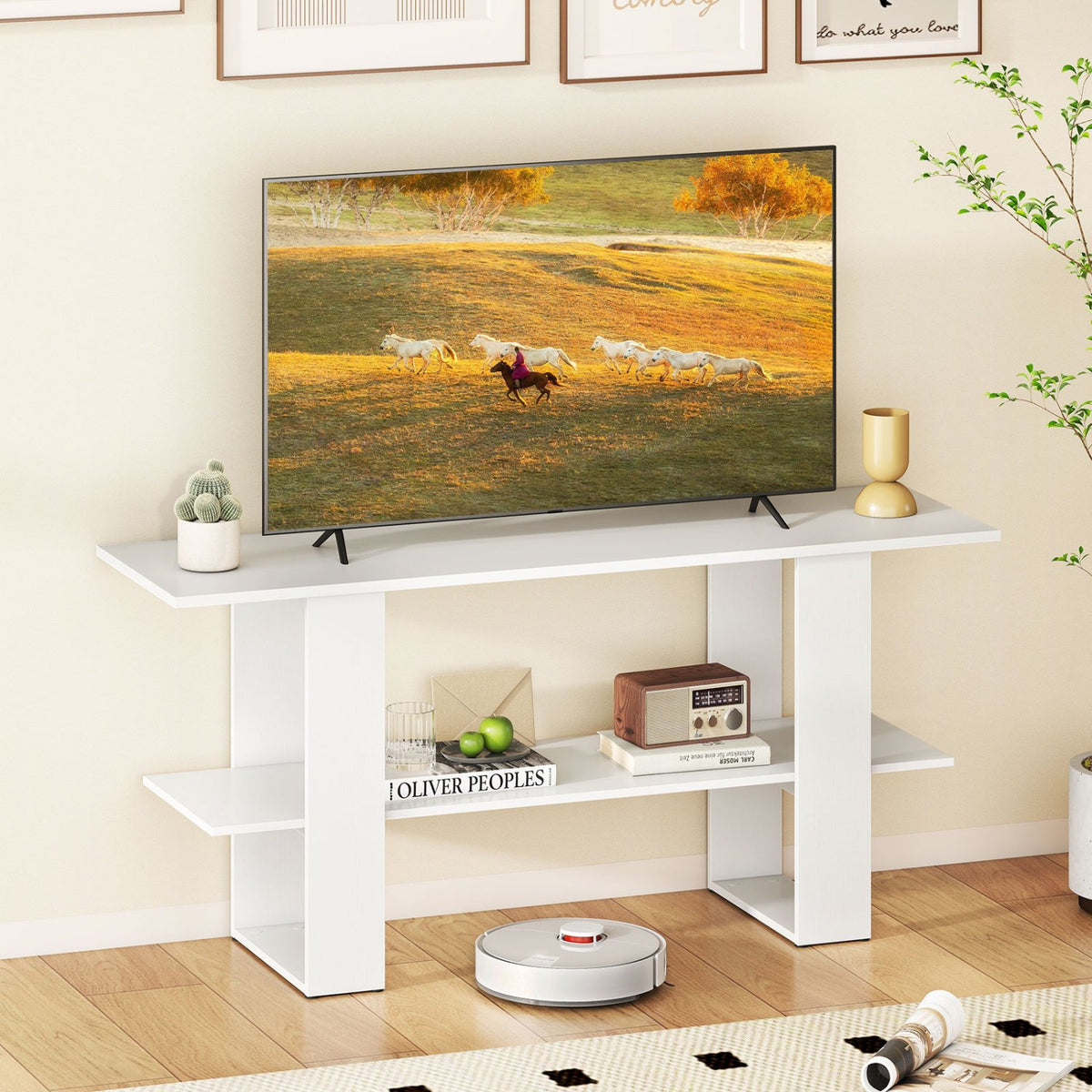 2-Tier TV Stand with Storage for TVs up to 55 Inch Console Table with Open Shelf-White view 2