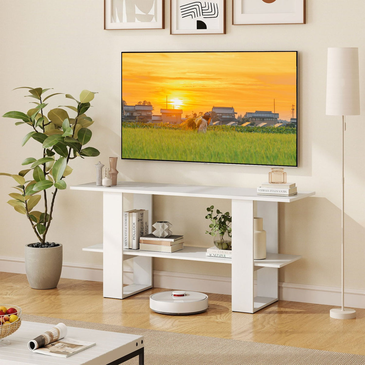 2-Tier TV Stand with Storage for TVs up to 55 Inch Console Table with Open Shelf-White view 3