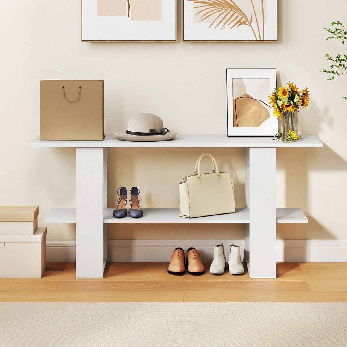 2-Tier TV Stand with Storage for TVs up to 55 Inch Console Table with Open Shelf-White view 6