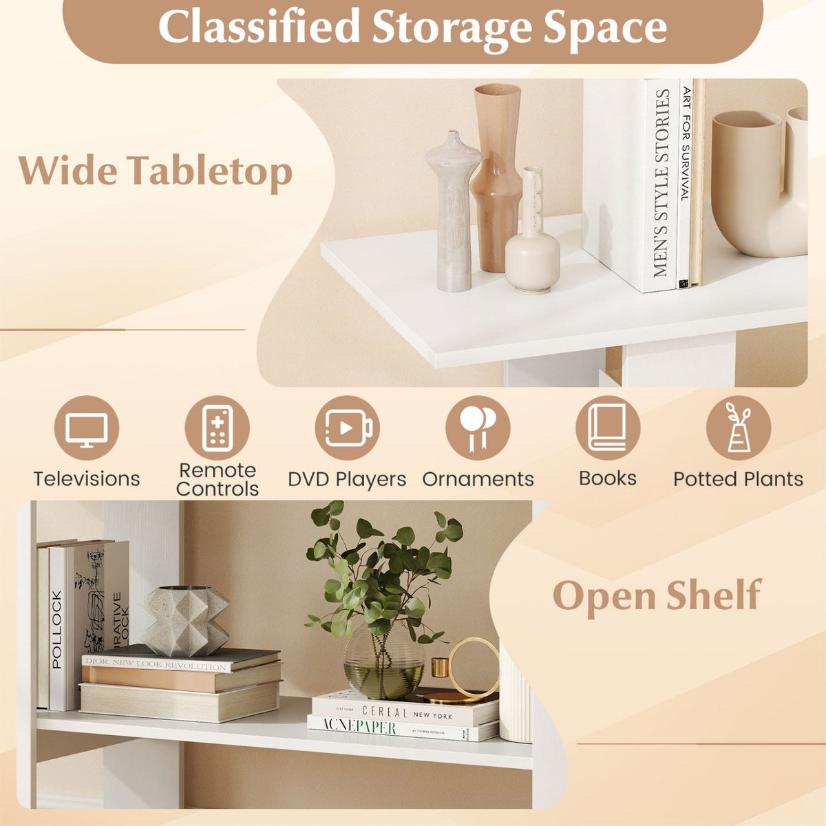 2-Tier TV Stand with Storage for TVs up to 55 Inch Console Table with Open Shelf-White view 9