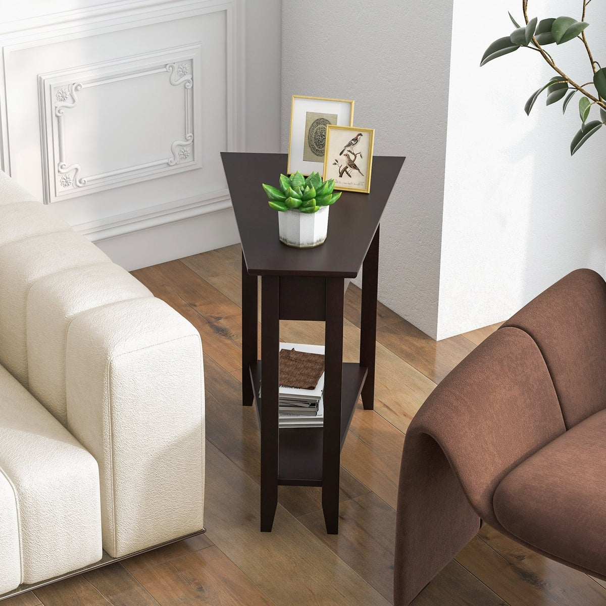 2-Tier Wedge Narrow End Table with Storage Shelf and Solid Wood Legs-Espresso view 3