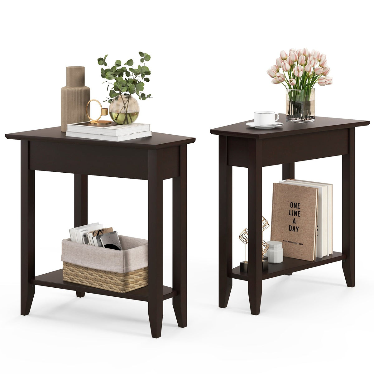 2-Tier Wedge Narrow End Table with Storage Shelf and Solid Wood Legs-Espresso view 4