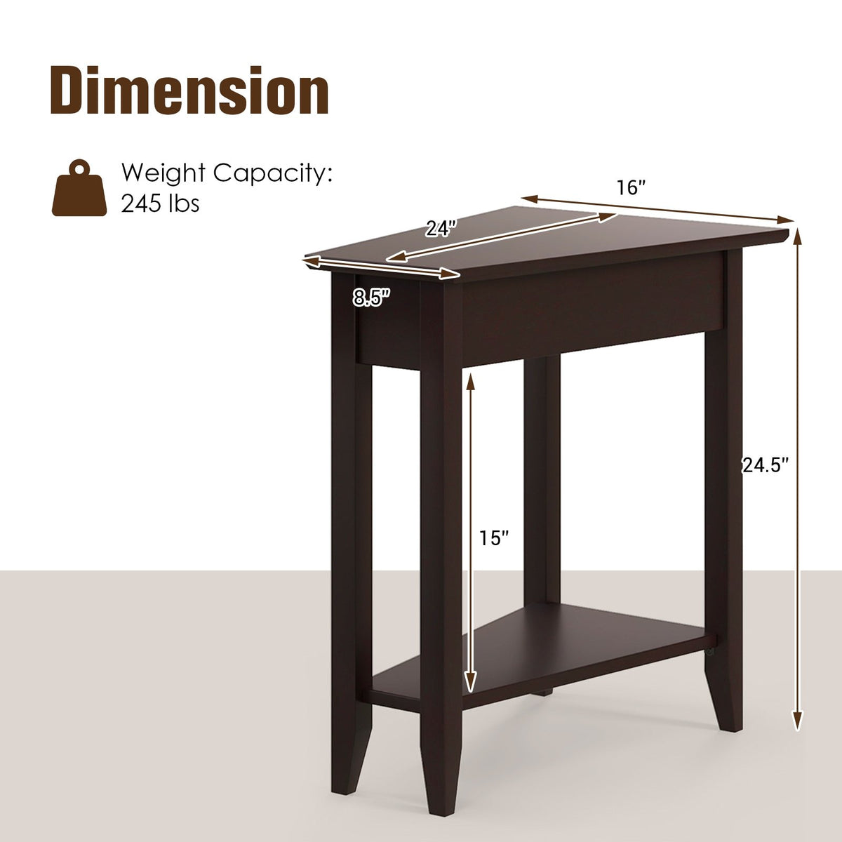 2-Tier Wedge Narrow End Table with Storage Shelf and Solid Wood Legs-Espresso view 5
