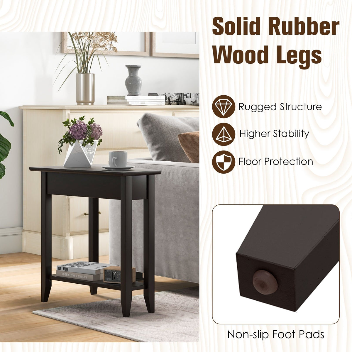 2-Tier Wedge Narrow End Table with Storage Shelf and Solid Wood Legs-Espresso view 8